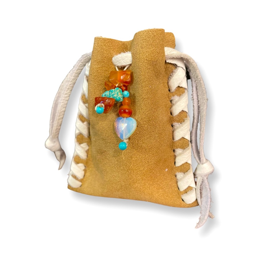 Boho Bespoke Suede Leather Medicine Bag Drawstring Pouch Turquoise Carnelian